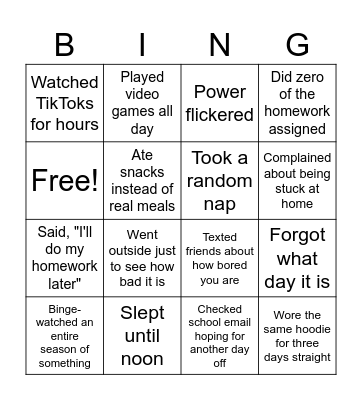 Snow Week Bingo Card