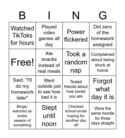 Snow Week Bingo Card