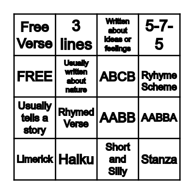 Poetry Bingo Card