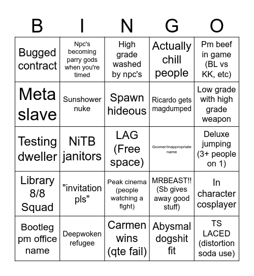 Archived player bingo Card