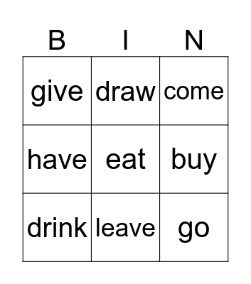 Irregular verbs Bingo Card