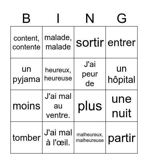 Mission 19: Je suis malade Bingo Card