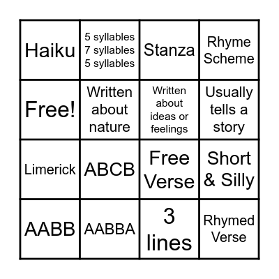2nd Grade Poetry Bingo Card