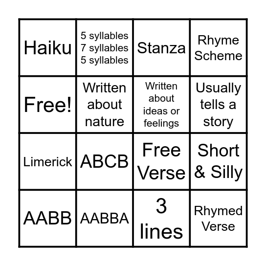 2nd Grade Poetry Bingo Card