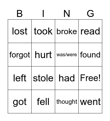 Regular Irregular verbs Project 2 Unit 3 Bingo Card