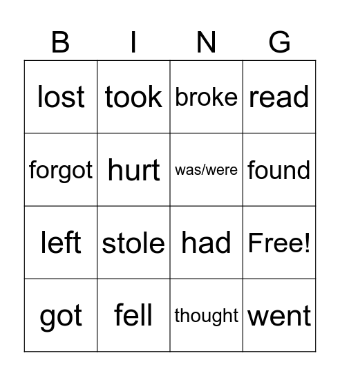 Regular Irregular verbs Project 2 Unit 3 Bingo Card