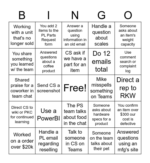 PS Team Bingo Card