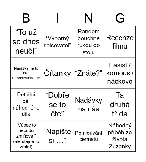 Zuzanka Bingo Card