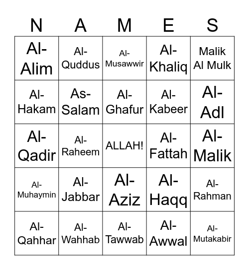 Allah's Names Bingo Card