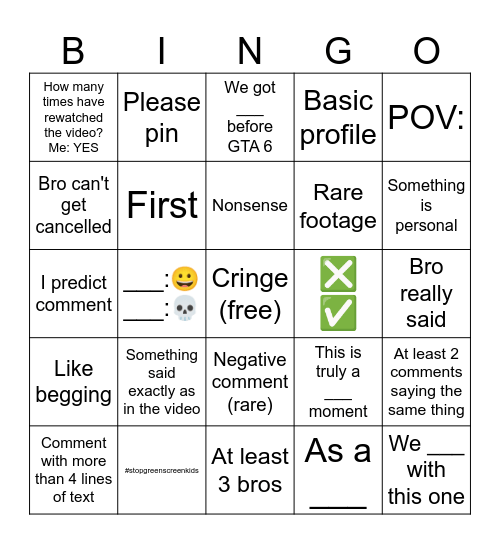 Youtube Comments Bingo Card