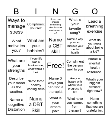 Mental Health Bingo Card