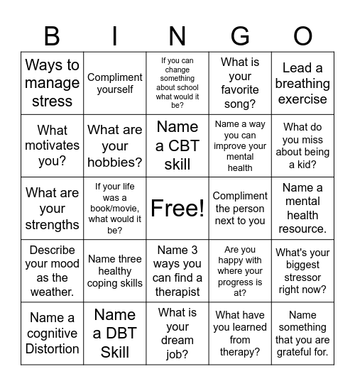 Mental Health Bingo Card