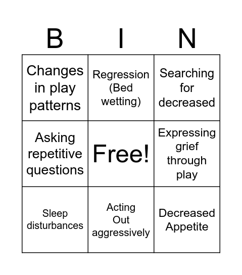 TODDLERS GRIEF Bingo Card