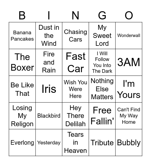Acoustic All Timers Bingo Card