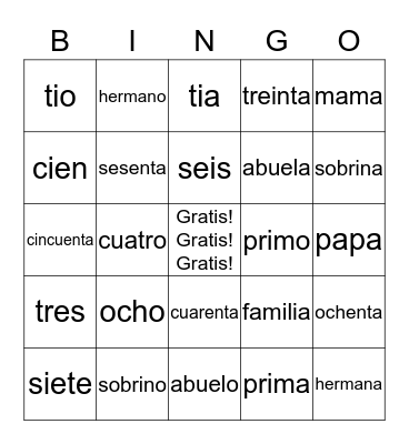 La Familia y Numeros Bingo Card