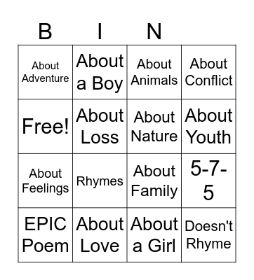 Poetry Bingo Card