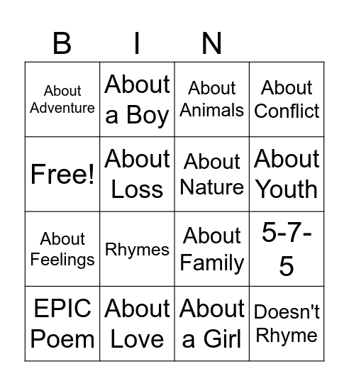 Poetry Bingo Card
