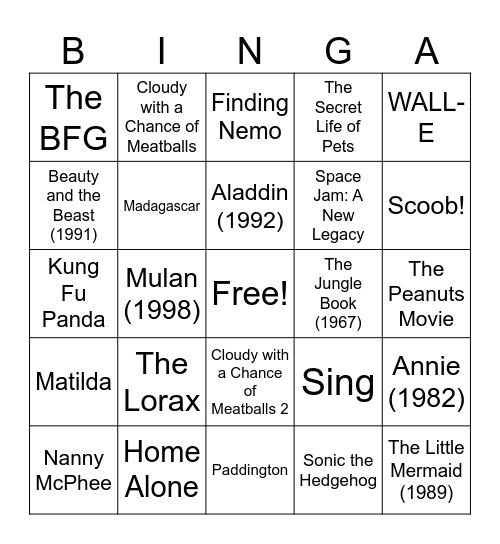 Movie Binga Bingo Card