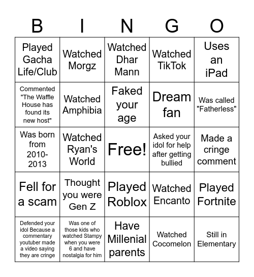 Gen Alpha Bingo Card