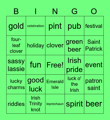 St. Patties Day Bingo Card