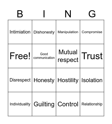 Healthy/Unhealthy Relationships Bingo Card