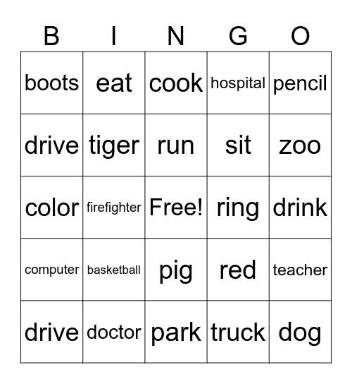 Noun Bingo Card