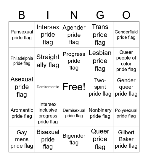 Pride Flag Bingo Card