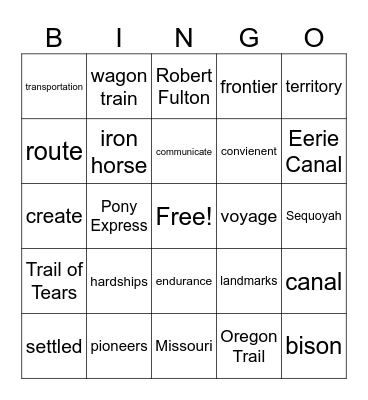 Westward Exapansion Bingo Card