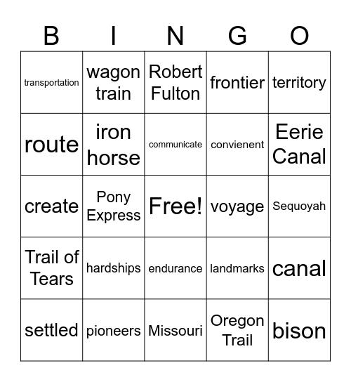 Westward Exapansion Bingo Card