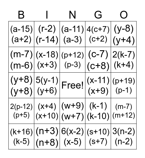 Factoring Trinomials Task Cards Bingo Card