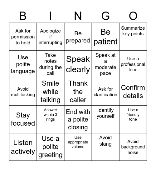Phone Etiquette Bingo Card