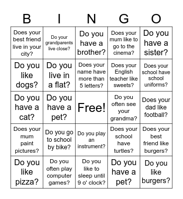 Questions with "do" and "does" Bingo Card