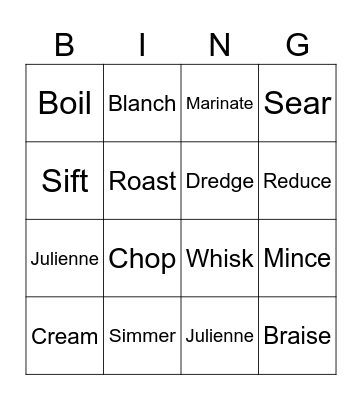 Cooking Terms Bingo Card