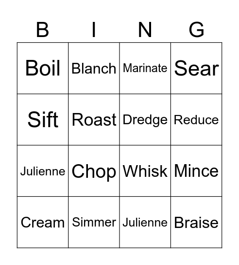 Cooking Terms Bingo Card