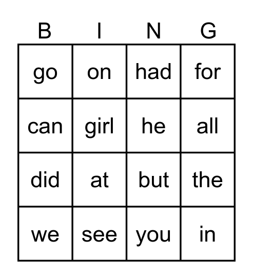 HFW BINGO Card