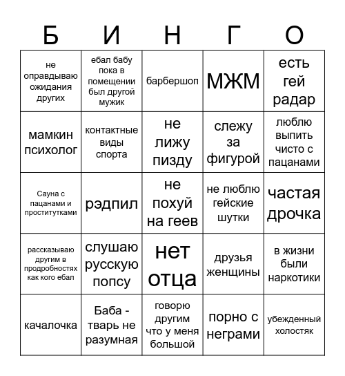 СКРЫТЫЙ ГЕЙ Bingo Card
