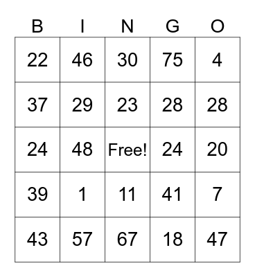 Bingo 1-75 Bingo Card