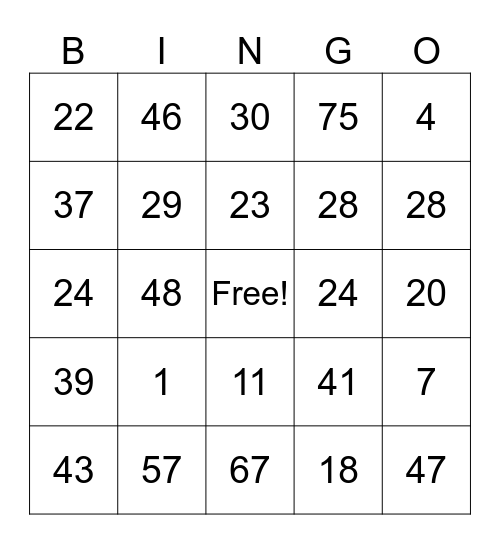 Bingo 1-75 Bingo Card