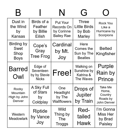 Nature Music Bingo Card