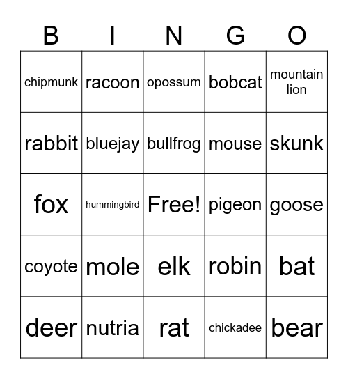 Urban Wildlife Bingo Card