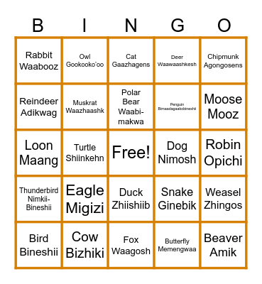Animal Words Bingo Card