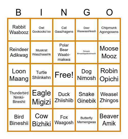 Animal Words Bingo Card