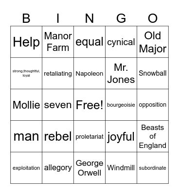 Animal Farm Bingo Card