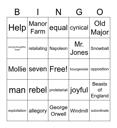 Animal Farm Bingo Card