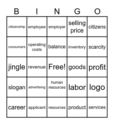 JA Biz Town Vocabulary Bingo Card