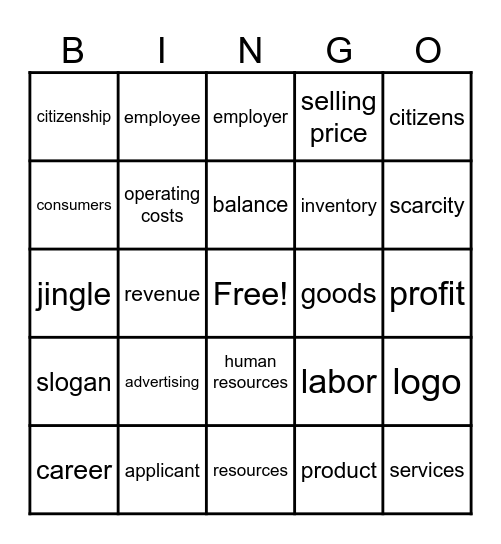 JA Biz Town Vocabulary Bingo Card