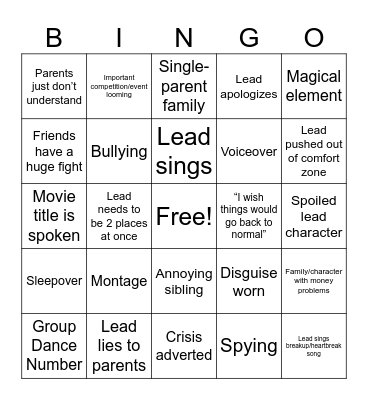 Disney Channel Original Movie Bingo Card