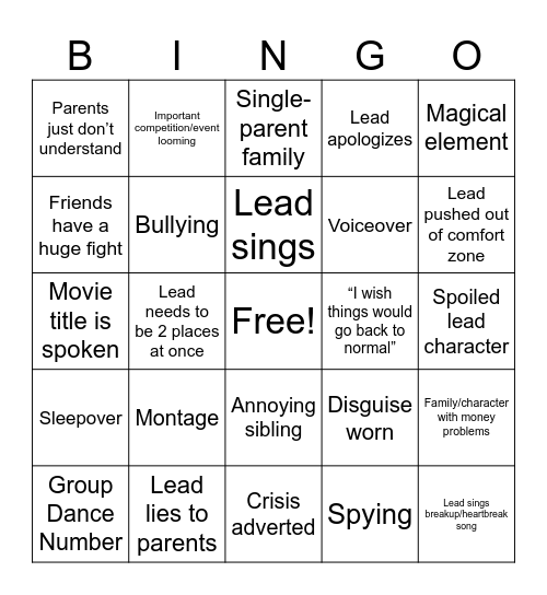 Disney Channel Original Movie Bingo Card