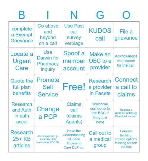 BSC Monday Bingo Card