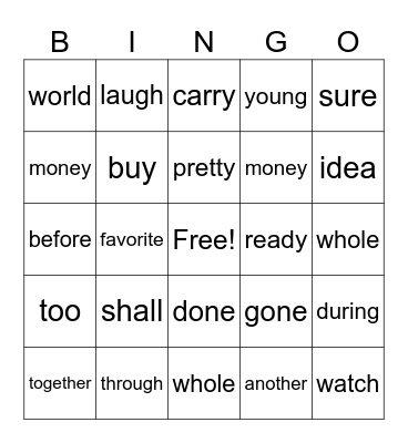 2 nd Grade Heart Words Bingo Card